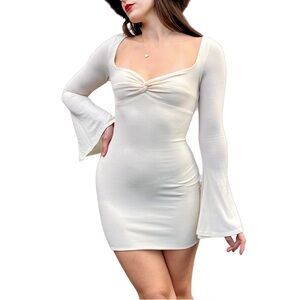 Oh Polly Wildest Dream Cream Knit Long Bell Sleeve Bodycon Snow Bunny Mini Dress